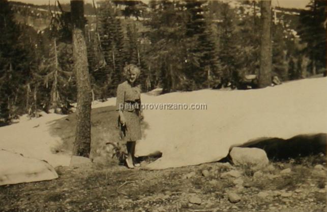 Peter Provenzano Photo Album Image_copy_168.jpg - Fay Provenzano in Yellowstone National Park, 1942.
Peter and Fay Provenzano vacationed at Yellowstone National Park while driving across the United States from Chicago, Illinois to Scramento, California.